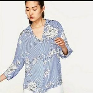 Zara Woman Pinstripe Blue White Floral Blouse Top Medium